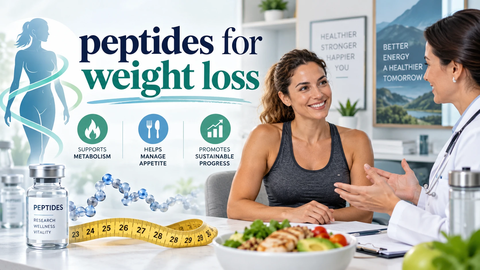 Woman discussing peptides for weight loss with a doctor, alongside peptide vials, healthy food, a measuring tape, and graphics for metabolism, appetite management, and sustainable progress, with text reading “Peptides for Weight Loss.”