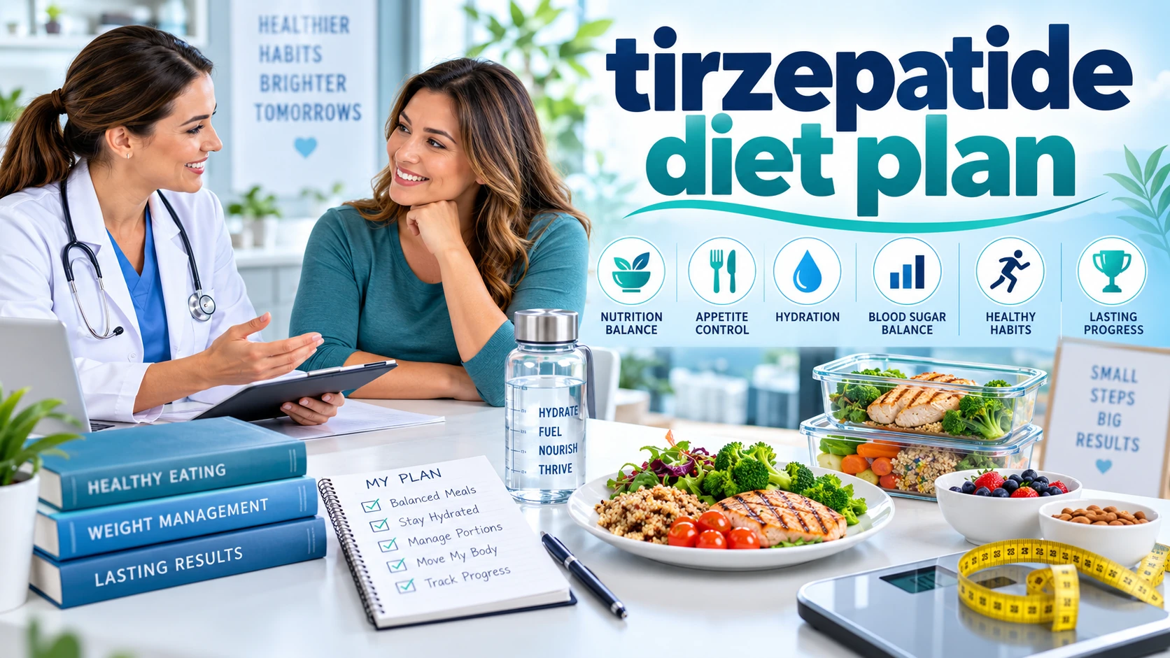 Woman discussing a tirzepatide diet plan with a healthcare provider, alongside healthy foods, portion guidance, hydration, protein, vegetables, and meal-planning graphics, with text reading “Tirzepatide Diet Plan.”